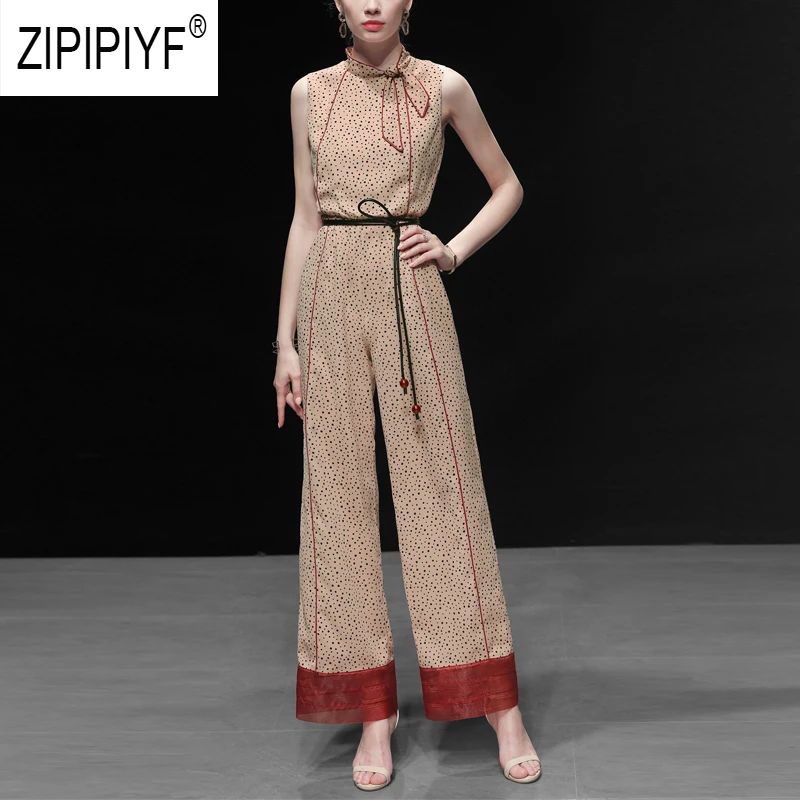 

All Match Fashion Women Jumpsuits Dot Printing Sleeveless High Waist Bow Bandage Design Neck Elegant Casual Jumpsuits Z1672