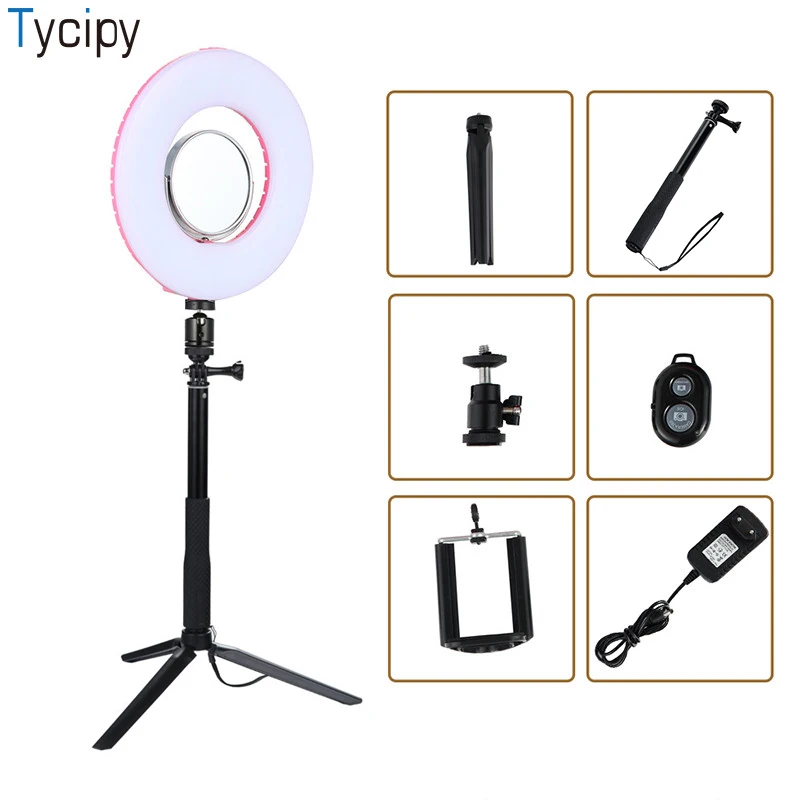 

Tycipy 8" Ring Light LED Photography Selfie Light Photo Table Camera Phone Mini Tripod+Mirror+Bluetooth Shutter+EU/US Adapter