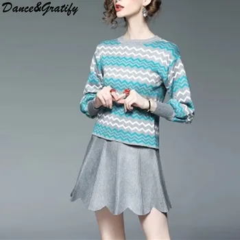 

Brand Design Striped Twinset 2018 New Autumn Winter Suit Lolita 2 Pieces Set Women Suit Knit Tops and Skirt Outfits Runway Set