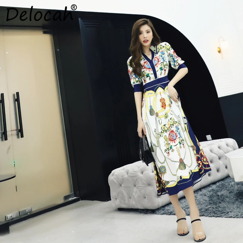 

Delocah Women Spring Summer Dress Runway Fashion Designer Sexy V-Neck Vintage Printed Elegant Slim Knee-Length A-Line Dresses