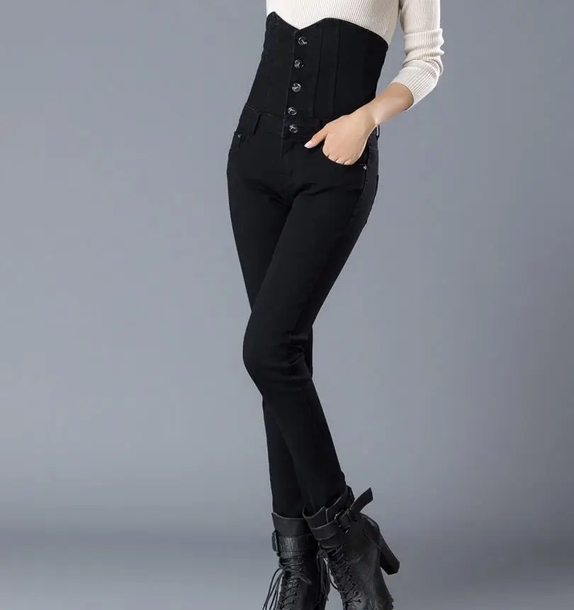 Новые джинсы с эластичной резинкой на талии, женские брюки, узкие брюки, женские брюки размера плюс 6XL - Цвет: Черный