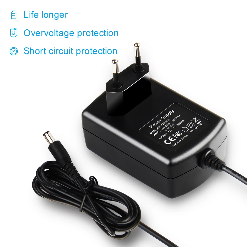 

12V 3A 36W Power Supply Adapter for LED Strip Lights Security Cameras HUB Switches Wall Charger AC to DC Converter Transformer