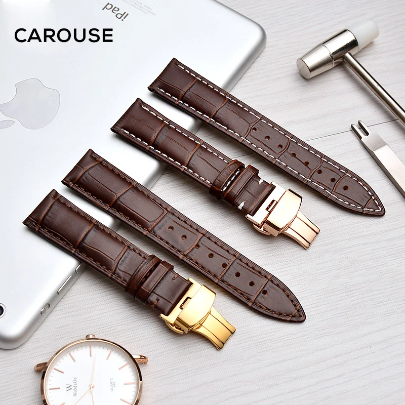 Online Correa de reloj Carouse 18mm 19mm 20mm 21mm 22mm 24mm correa de cuero de becerro mariposa hebilla Correa pulsera accesorios pulseras