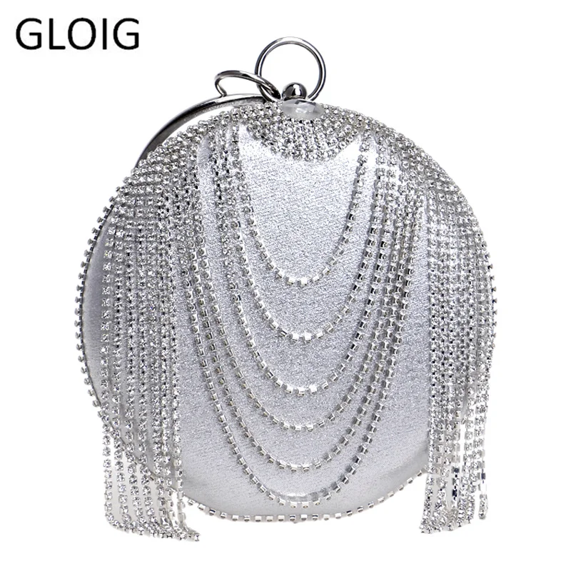 Rhinestones Tassel Women Clutch Bag Fashion Luxurious Round Metal