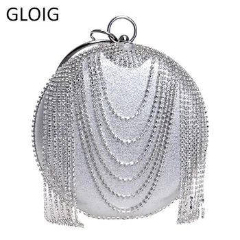 

Rhinestones Tassel Women Clutch Bag Fashion Luxurious Round Metal Evening Bags Small Lady Diamonds Handbags For Party