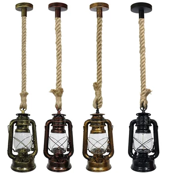 

Vintage E27 Kerosene Pendant Lights With Bulb Hemp Rope Hanging Lamp for Home Bedroom Living room Industrial Pendant Lamp DA