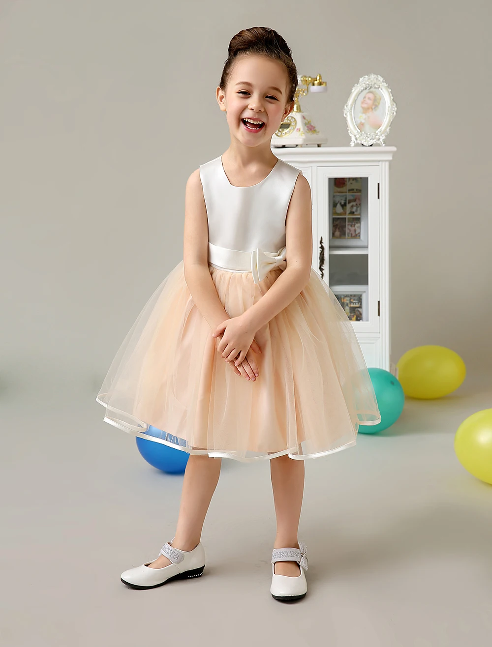 A line Satin And Tulle pink little girls dresses with sash bowknot Children Pageant Dresses kids