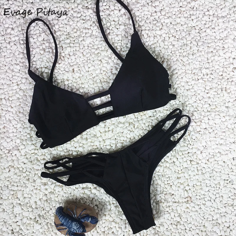 

2017 summer new Black Sexy Cut Out bikini halter soild cheeky bikini set Women Swimwear Swimsuit beach Bathing suits