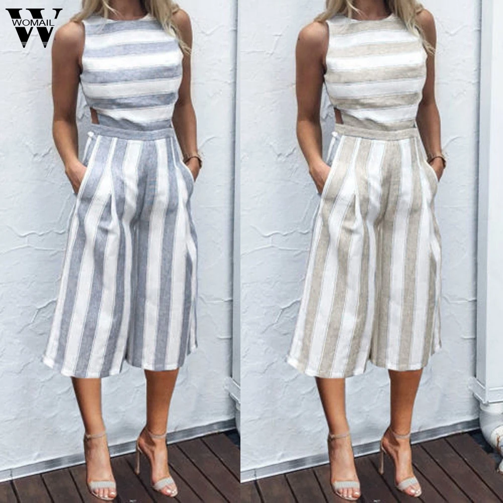 

Womail bodysuit Women Summer Sleeveless Strip Jumpsuit Casual Jumpsuit Clubwear Wide Leg Pant Outfit Fashion 2019 dropship f28