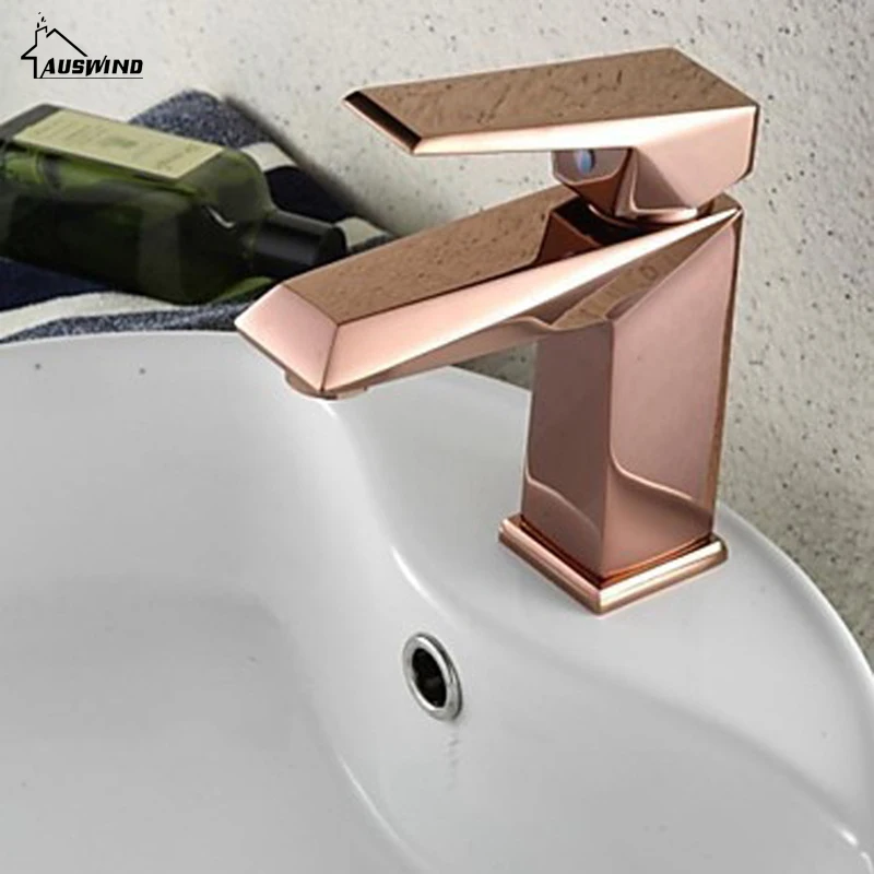 

Basin Faucet Electroplate Rose Gold Kitchen Faucet Square Single Handle Single Hole Mixer Taps Hot Cold Water Deck Mounted WE521