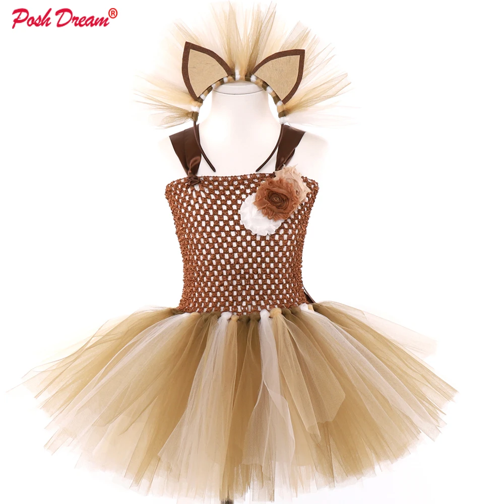 

POSH DREAM Lion Cosplay Children Party Dresses match Headband Novelty Brown Cartoon Kids Girls Tutu Dresses Halloween Costumes