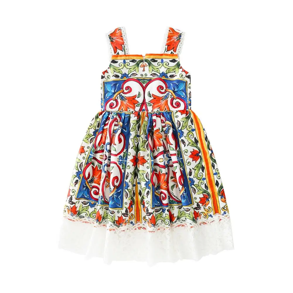 Летняя винтажная печатная Подвеска для девочек; платье на бретелях с принтом; детская одежда; праздничное кружевное пляжное платье принцессы на бретельках; на заказ