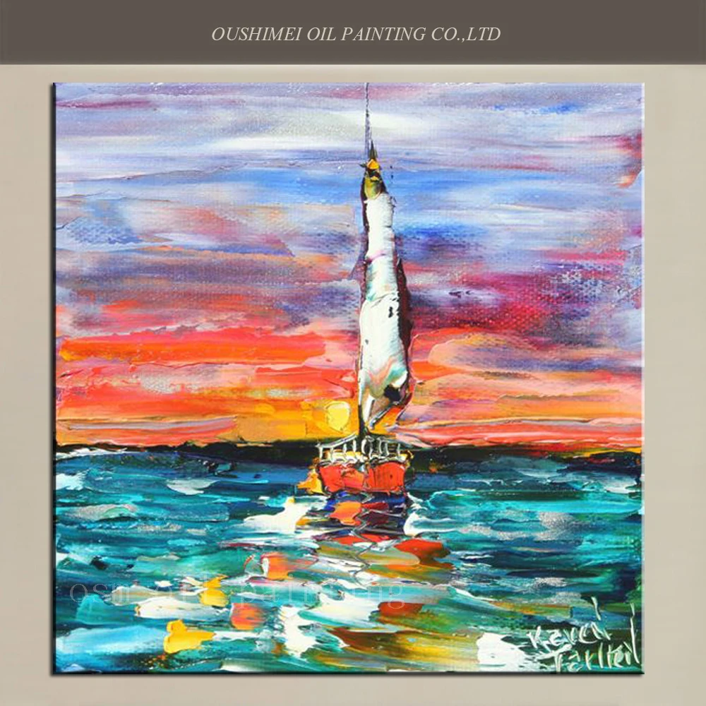 

Hand-painted Abstract Oil Painting Sunset Sailing Modern Palette Knife Impressionism Oil Picture on Canvas Fine Art Wall Decor