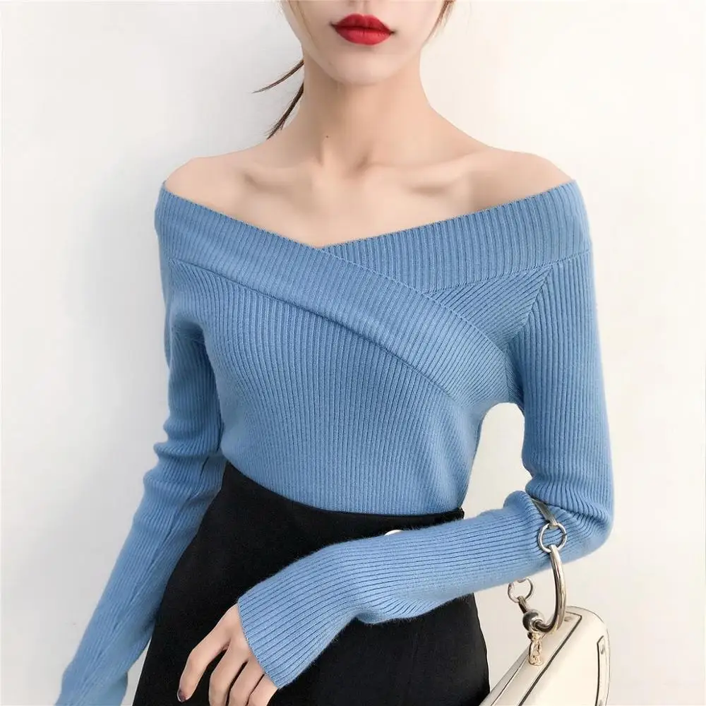 Ubei Core yarn sweater autumn /winter new Korean style fashion slash neck shoulder solid color slim bottom pullover Ubei Core yarn sweater autumn /winter new Korean style fashion slash neck shoulder solid color slim bottom pullover
