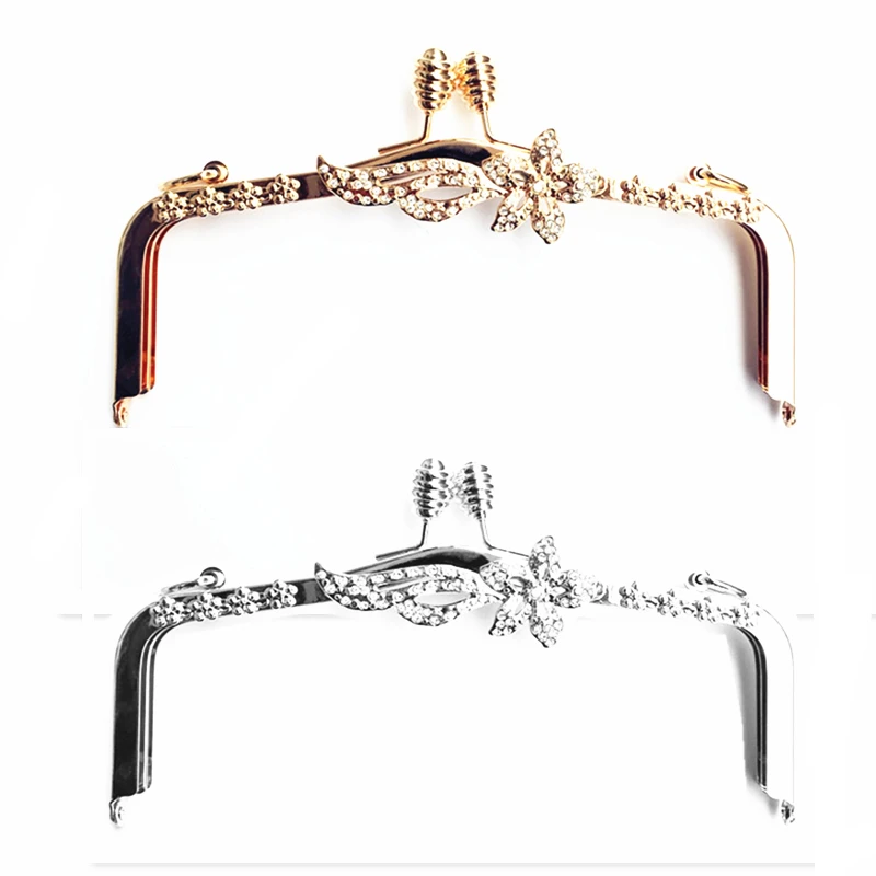 

5Pcs Clear Rhinestones Flower Smooth Rectangle Metal Frame Clutch Kiss Clasp Lock Fashion Handbag Purse Bag Handle Part 20.5cm