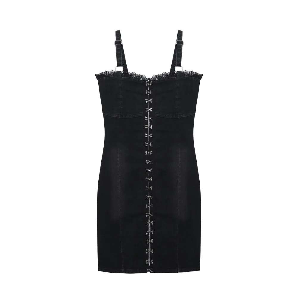 Sexy Denim Dress Women Casual Lace Patchwork Spaghetti Strap Sleeveless Slim Jeans Dresses Summer Mini Party Vestidos