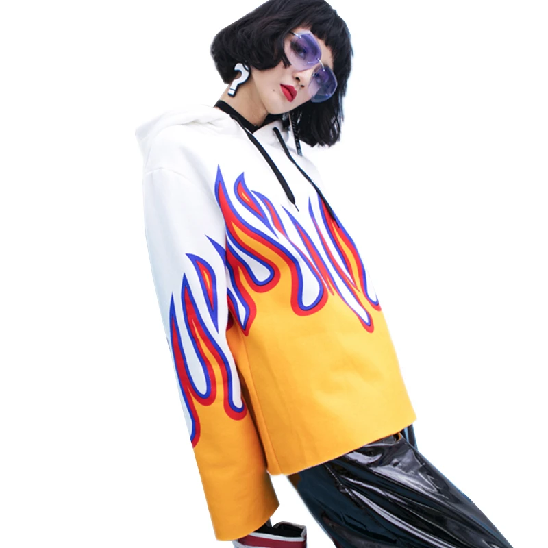 

Female Autumn Flocking Long Sleeve Hoodies Ladies Harajuku Fashion Letter Flame Print Sweatshirts Street Style Oversize Tops Z74
