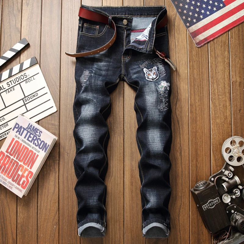 

Ripped hole jeans men cute cat distressed embroidery black long pants straight homme denim trousers plus size 29-38 male jeans