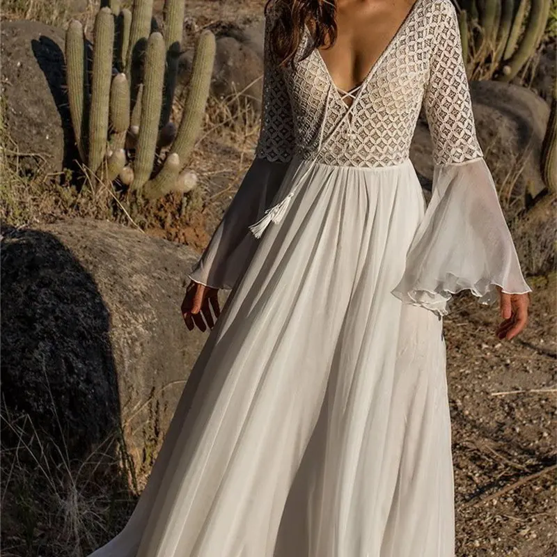 

Sexy Lace Up Deep V Neck Summer 2019 Beach Tunic Dress Long Sleeve Hollow Out Patchwork White Chiffon Maxi Dress Plus Size