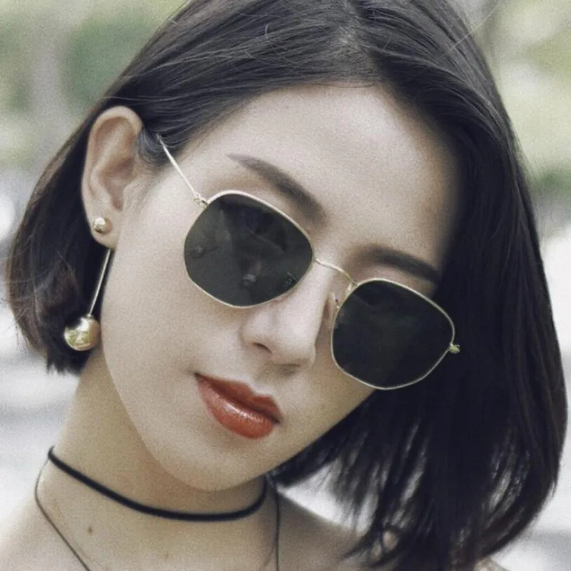 Модные солнцезащитные очки для женщин, брендовая дизайнерская маленькая оправа, полигоновые прозрачные линзы, солнцезащитные очки для мужчин, Винтажные Солнцезащитные очки, шестигранная металлическая оправа