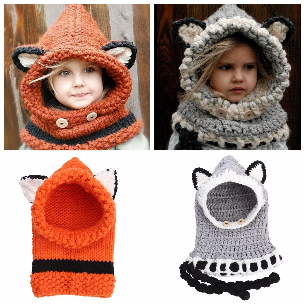Fox Ears Onepiece Neck Warmer Baby Winter Hat For Infant Boys Girls