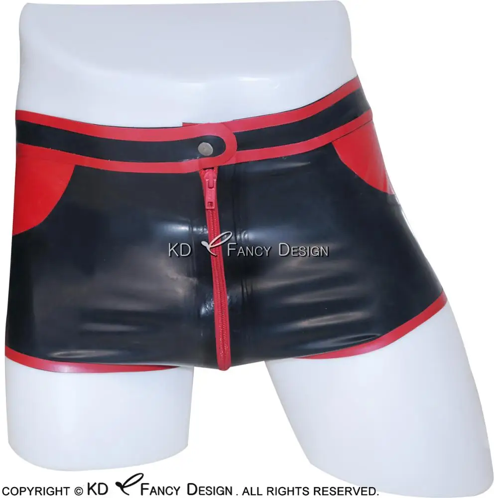 Black With Red Trims Sexy Latex Boxer Shorts With Zipper Fake Pockets