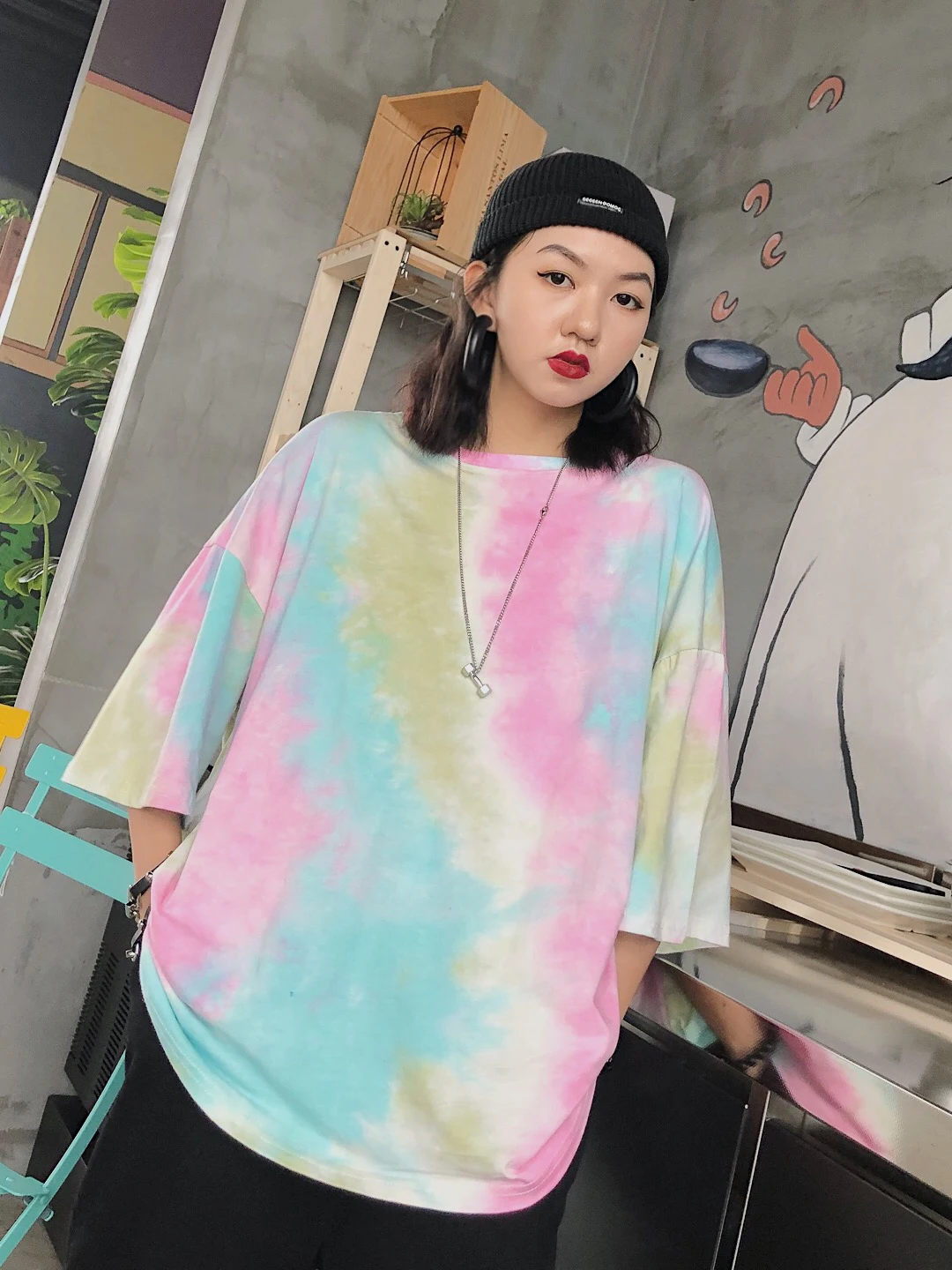 Harajuku мода галстук окрашенная странная девушка круглый воротник семь рукав футболка свободный оверсайз тренд футболка s Женщины