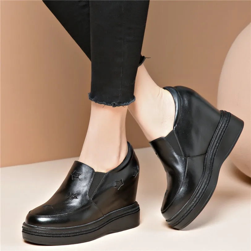 

Outdoor Creepers Women Cow Leather Wedges High Heel Party Pumps Punk Goth Tennis Shoes Round Toe Platform Oxfords Trainers Shoes