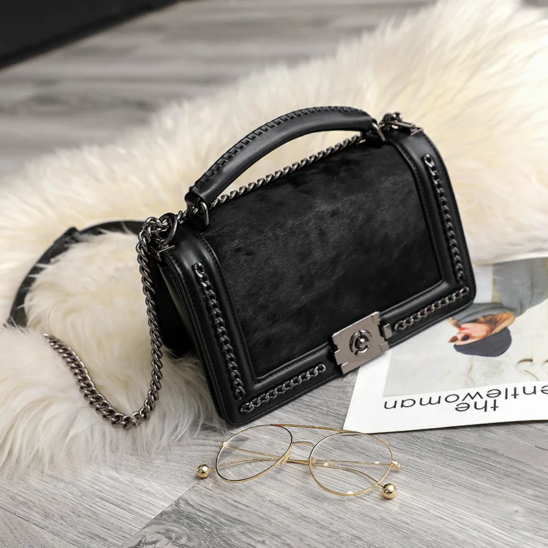 Fashion chain handle with horse hair women's shoulder bag lock buckle cover type suture decoration women handbags