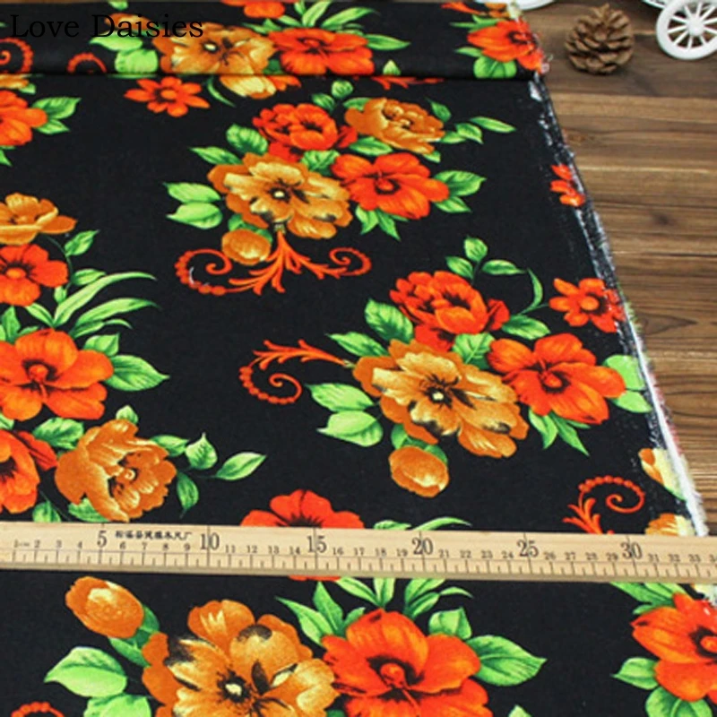 

Cotton/Linen Ethnic Style BLACK Orange Yellow Camellia Flowers Fabric For DIY Apparel Dress Tablecloth Cushion Craft Decoration