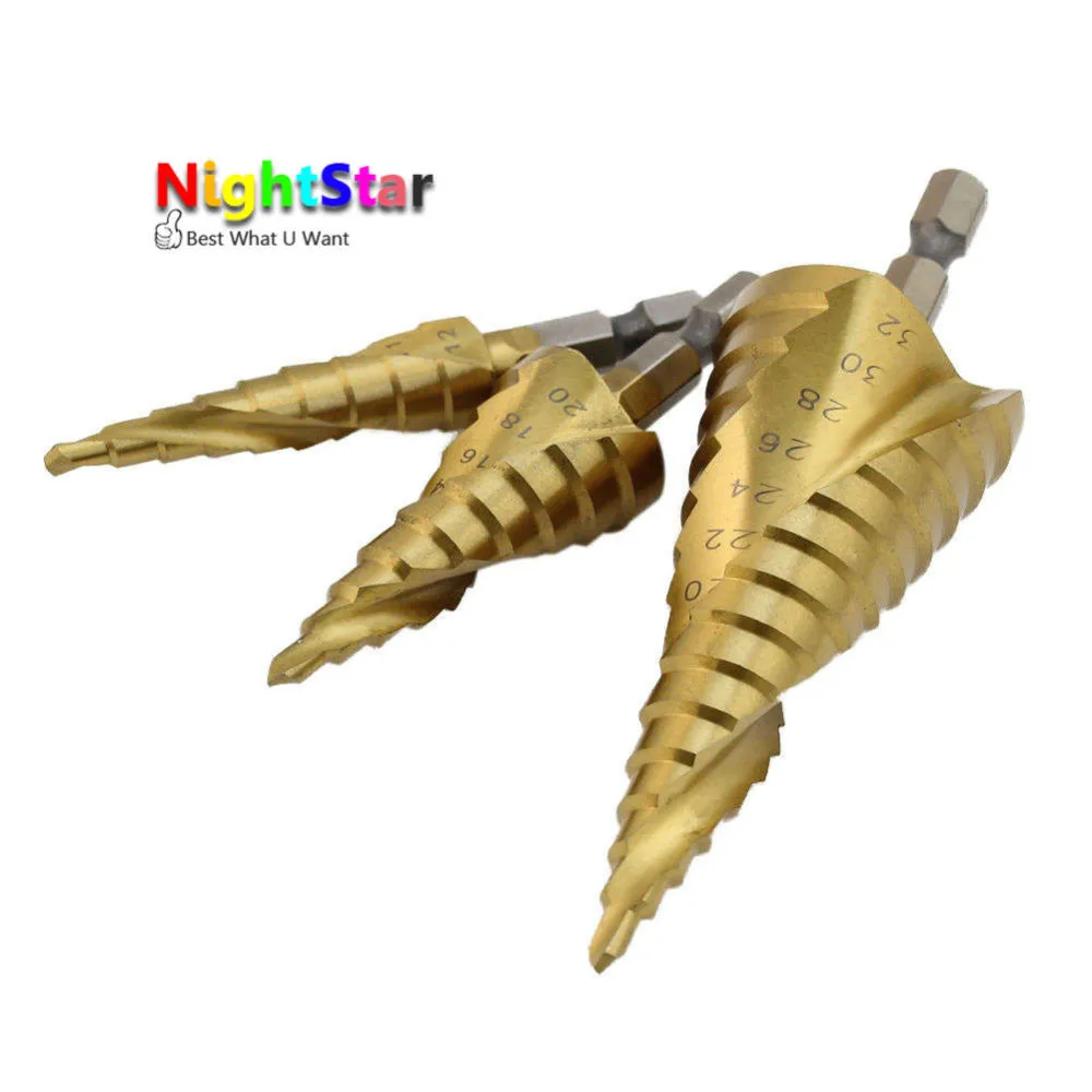 

3Pcs/set Steel Titanium Coated Step Drill Bit Quick-change 1/4" Hex Shank w/ Bag For AIR POST