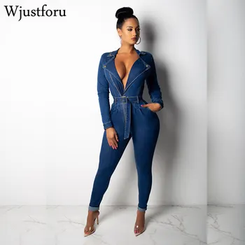 

Wjustforu Sexy Bodycon Denim Jumpsuit Women Long Sleeve Zipper Bandage Bodysuit Elegant Party Club Wear Casual Jumpsuit Female