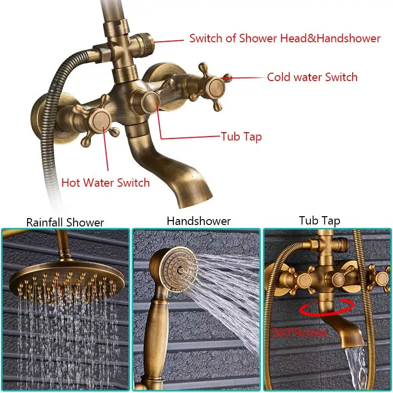 ULGKSD античная латунь смеситель для душа набор 8 ''дождевой Душ товар Полка Двойная Ручка Смеситель кран поворотный Ванна Носик Ванна Душ