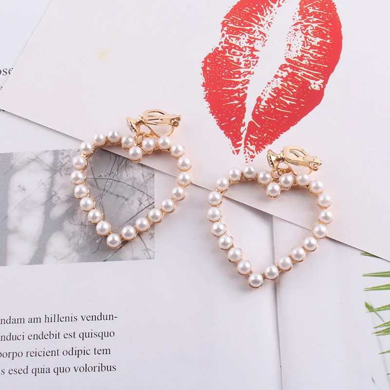 

New Arrival Gold Silve Love Heart Clip on Earrings No pierced For Women Korean Style Pearl Earrings Party Wedding Jewelry