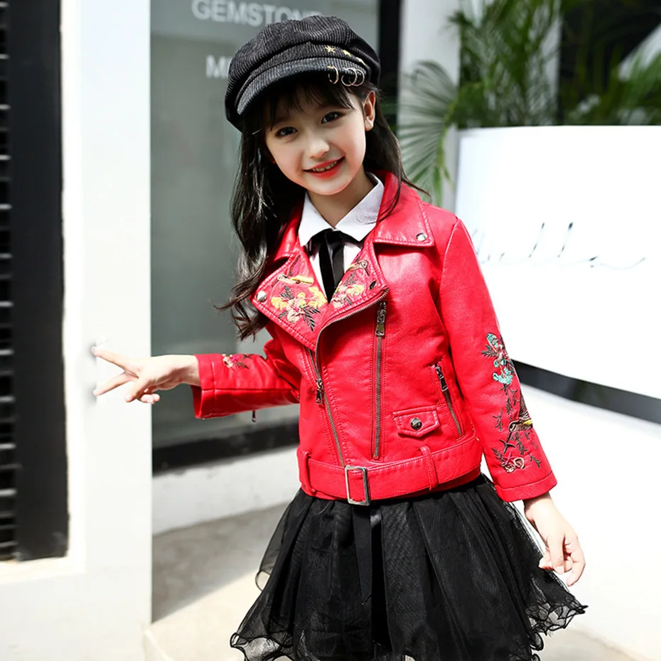 Jacket For Girls Flower Embroidery Leather Autumn Winter Kids Outerwear Teen Clothing 6 8 10 12 14 | Детская одежда и обувь