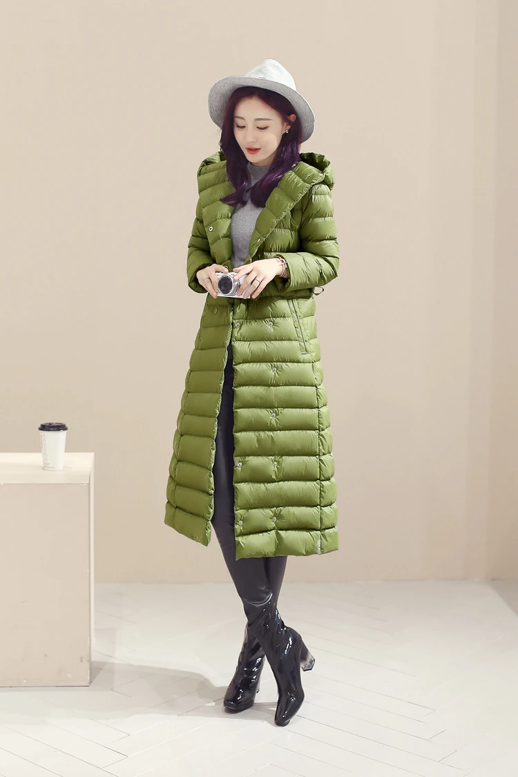Новая зимняя Женская легкая пуховая куртка, длинное пуховое пальто, Дамский Тонкий пуховик размера плюс, белая пуховая куртка, пальто с капюшоном, женские куртки WZ107