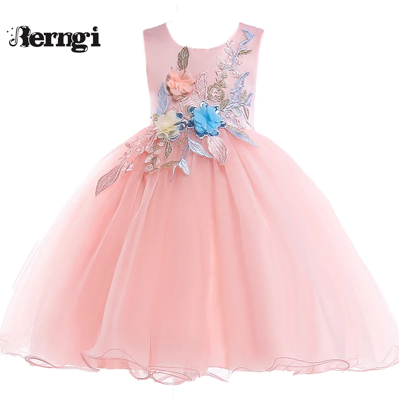 Berngi/Фирменные качественные Платья с цветочным принтом для девочек; летняя стильная одежда принцессы для девочек; одежда без рукавов с вышивкой для детей
