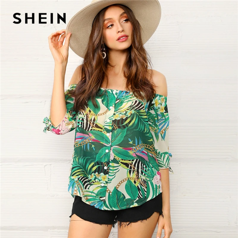 

SHEIN Knotted Sleeve Button Up Tropical Bardot Top Spring Autumn Off the Shoulder Green Tops 2019 Women Chain Print Blouses