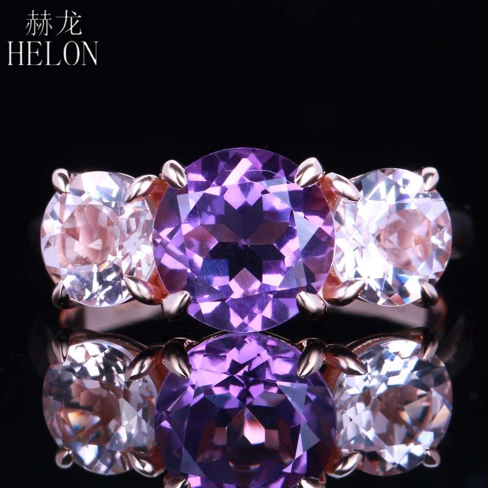

HELON Sale 3-Stones Amethyst Morganite Jewelry Ring Solid 14K Rose Gold Unique Engagement Wedding Gemstone Fine Ring Setting