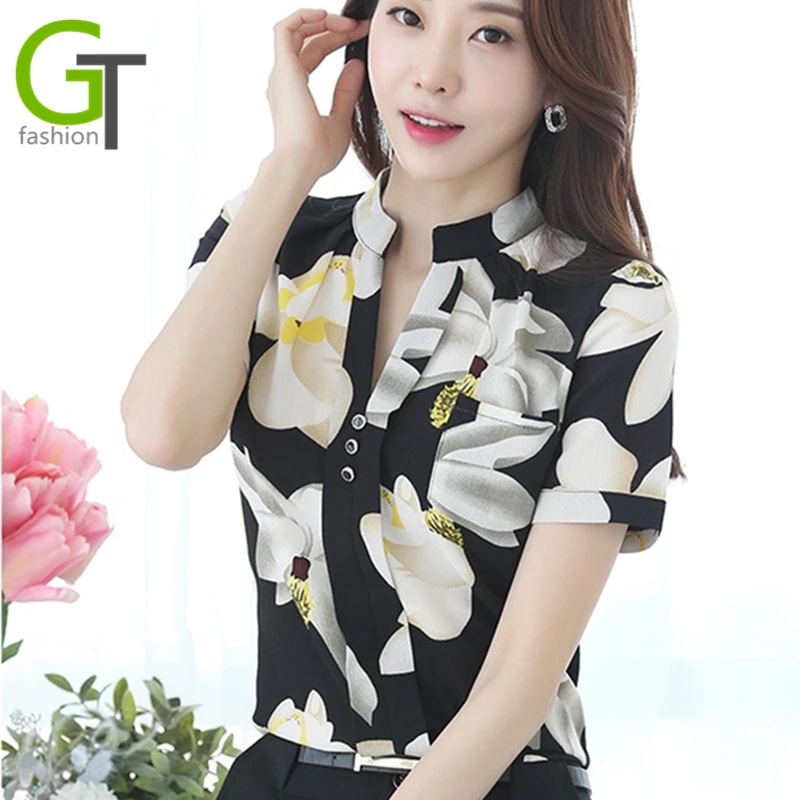 Meilleur 2017 D été De Mode V cou En Mousseline de Soie Blouses Slim Femmes Imprimé Floral Blouse Bureau Work Wear Shirts Femmes Tops Plus La Taille Blusas
