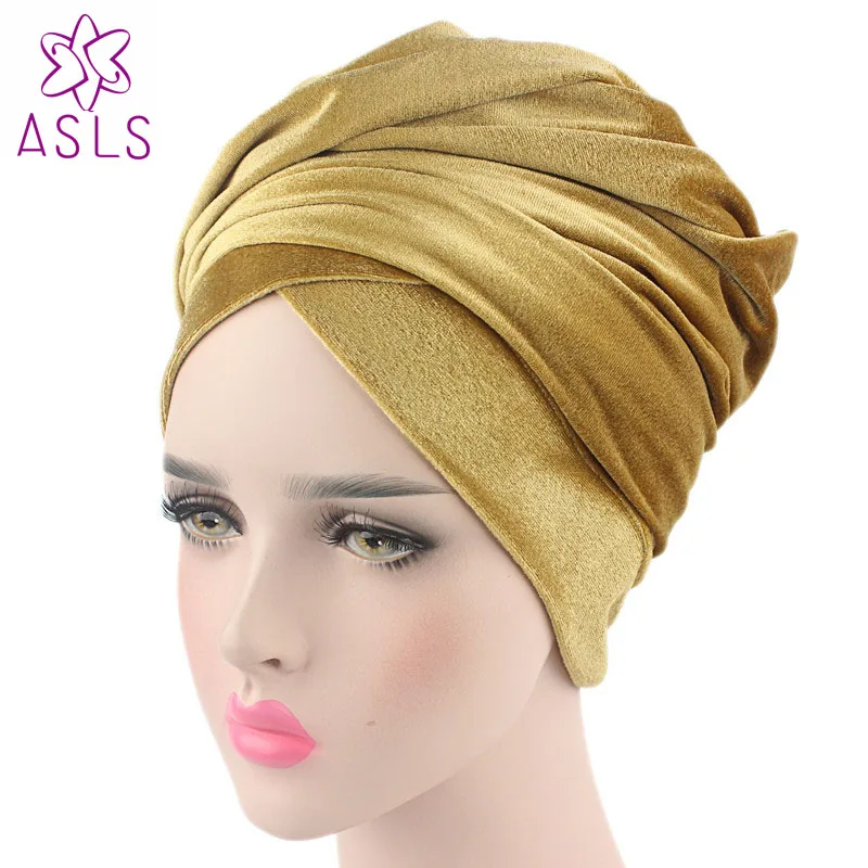 High quality  Style New women and men Velvet Long Turban Tail Cap Wrapped Head Muslim hijab shawl Scarf Hat Headwrap Scarf