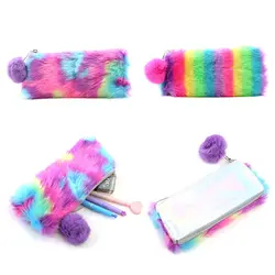 Корейский Kawaii милый плюшевый школьный пенал Радуга Pencilcase для девочек большой мешок ручки канцелярские сумка коробка поставки