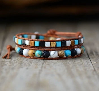 

Leather Bracelets Mix Lava Beads Natural Stones 2 Strands Leather Wrap Bracelets Vintage Weaving Bead Bracelet Dropship