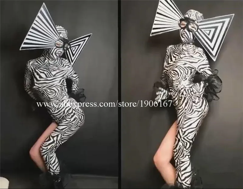 Sexy zebra costumes big hats green red black jumpsuits night club party cosplay costume performance stage tv show dance wear6