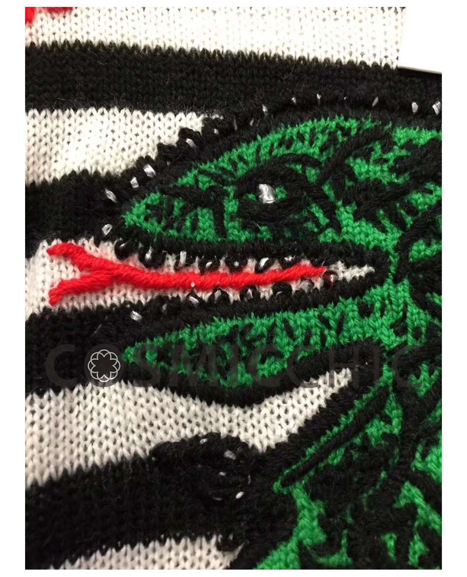 Cosmicchic осенне-зимний кашемировый вязанный полосатый свитер с вышивкой динозавра для подиума, высококачественные пуловеры с длинными рукавами