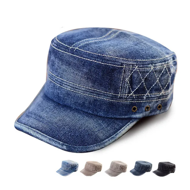 Blue Washed Jeans Denim Stripe Stud Army Brim Flat Hat Capin Baseball