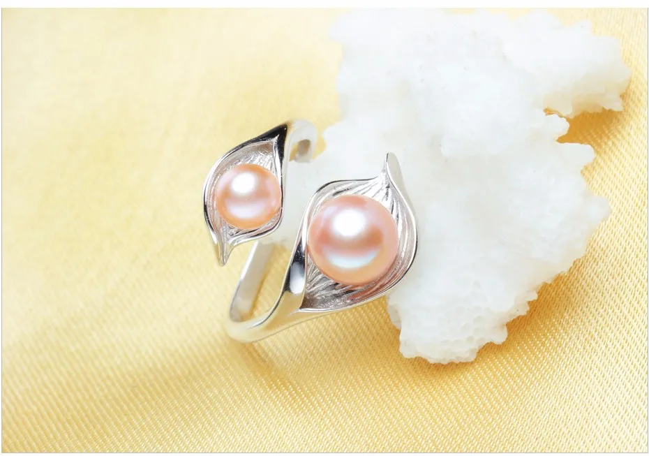 FENASY Natural Freshwater Double Pearl Ring Boho Fashion Leaf Statement Cocktail 925 Sterling Silver Rings For Women Jewelry