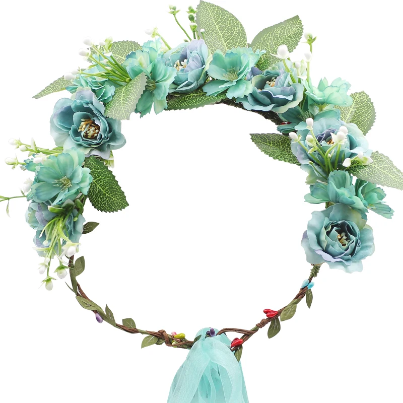 

Bride Women Flower Crown Hair Band Floral Headband Garland Ribbon Bow Girl Flower Wreath Wedding Hair Accessories Party Photo