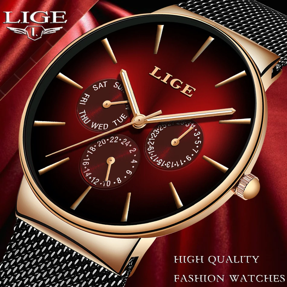 

New LIGE Mens Watches Top Brand Luxury Simple Calendar Clock Mesh belt Waterproof Sport Quartz Wristwatch Relogio Masculino+Box