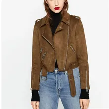 Модная замшевая кожаная мотоциклетная куртка с длинными рукавами коричневого цвета, женская модная куртка на молнии, весна-осень